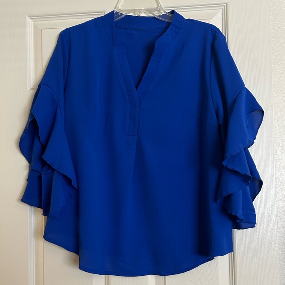 NWOT Royal Blue Flutter Sleeve Blouse with Mandarin Collar - Picture 5 of 7
